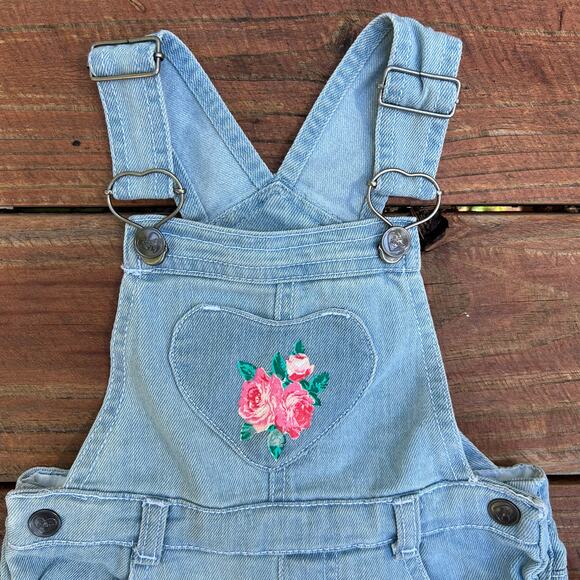 Betsey Johnson Denim Overall Dress 2T Floral Jumper Ruffle Skirt Red Rose Print - Picture 3 of 16